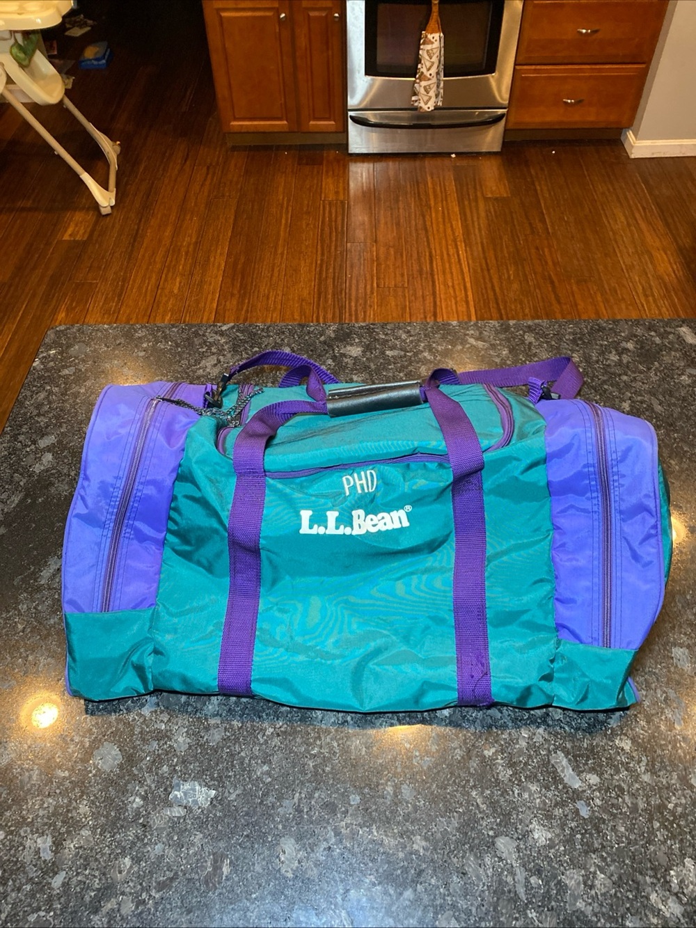 90s LL Bean Colorblock Purple Nylon Duffle Bag Large Weekender Camping